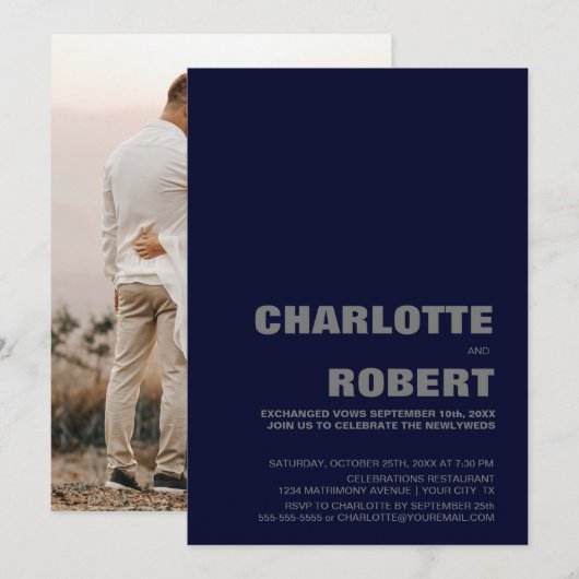 モダンネイビーブルーの結婚式の披露宴 招待状 (正面/裏面)