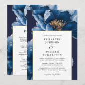 モダンネイビーブルーゴールドフラワーオールインワンウェディング 招待状 (正面/裏面)
