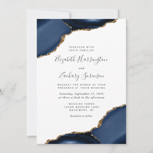 モダンネイビーブルー ゴールドアゲートコーナー ウェディング 招待状 (正面)