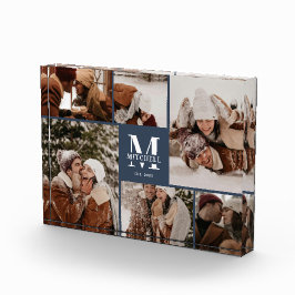 モダンネイビーブルー ファミリーフォト コラージュ 記念品 フォトブロック