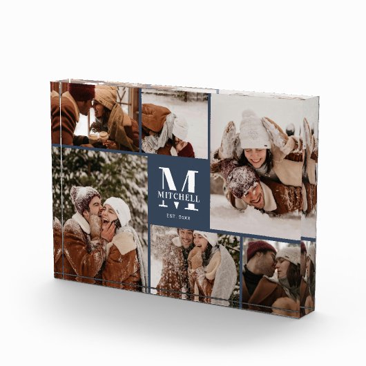 モダンネイビーブルー ファミリーフォト コラージュ 記念品 フォトブロック (右)