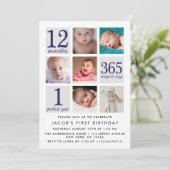 モダンネイビーブルー フォトコラージュ ファースト バースデー 招待状 (スタンド正面)