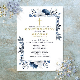 モダンネイビーブルー ボタニカル フラワー 確認 招待状