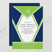 モダンネイビーブルー ライムグリーン 結婚式後 招待状 (正面/裏面)