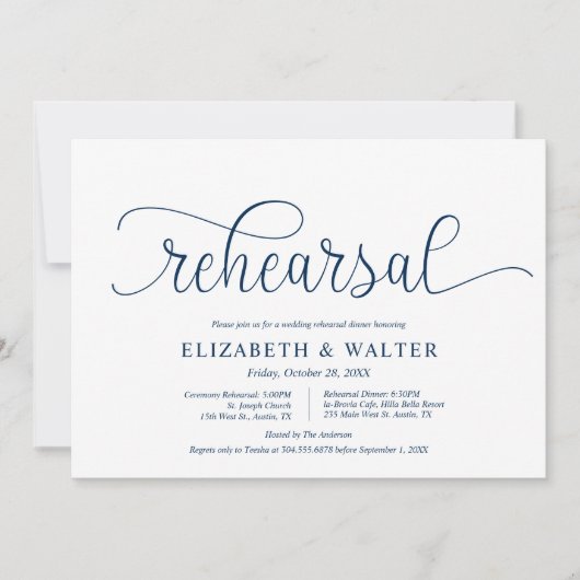 モダンネイビーブルー、結婚式のリハーサルとディナー 招待状 (正面)