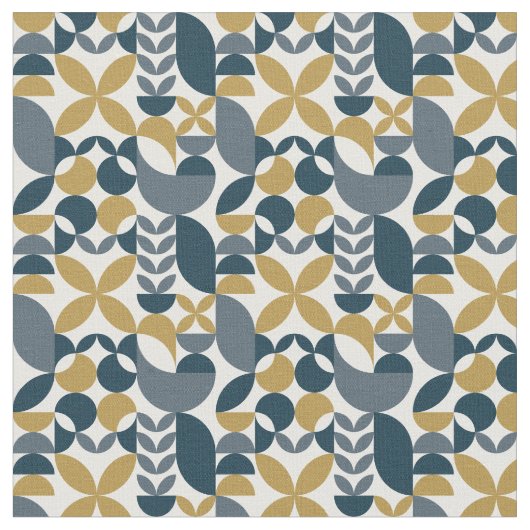 モダンネイビーマスタード抽象幾何学模様 ファブリック (クローズアップ)