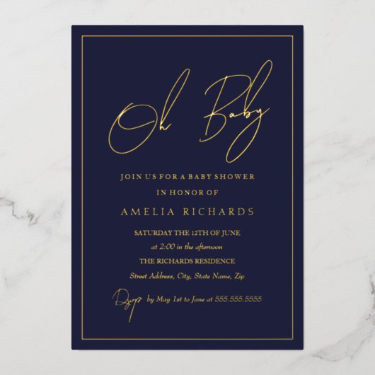 モダンネイビー オー ベイビー ボーイ ベビーシャワー 箔招待状 (正面)