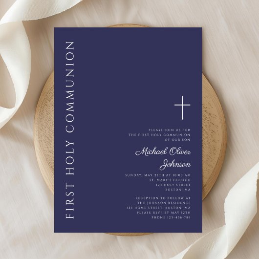 モダンネイビー クロス ファースト コミュニオン 招待状