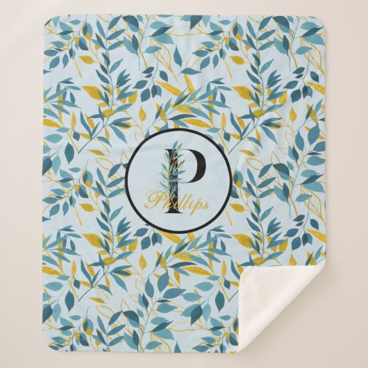 モダンネイビ葉ー金ゴールドモノグラム「レターP」 シェルパブランケット (正面)