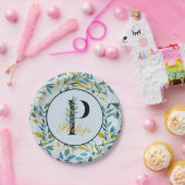 モダンネイビ葉ー金ゴールドモノグラム「レターP」 ペーパープレート (パーティー)