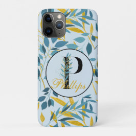 モダンネイビ葉ー金ゴールドモノグラム「レターP」 iPhone 11 PROケース