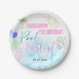 モダンネオングローネオンウォーターカラープールパーティー誕生日 ペーパープレート