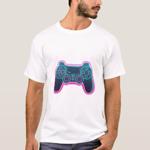 モダンネオンレトロゲームコントローラー 白いコットンTシャツ Tシャツ