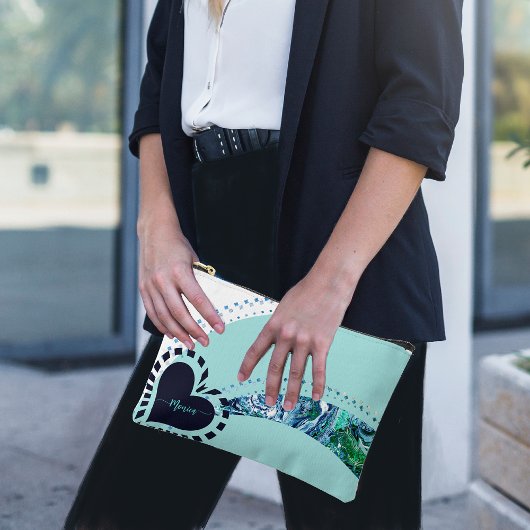 モダンノベルティカスタムティール（緑がかった色）&グリーン アクセサリーポーチ