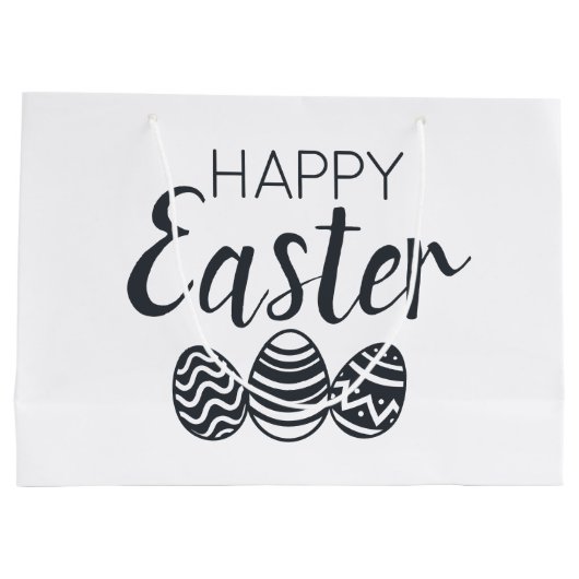 モダンハッピーイースターエッグ白黒かわいい ラージペーパーバッグ (裏面)