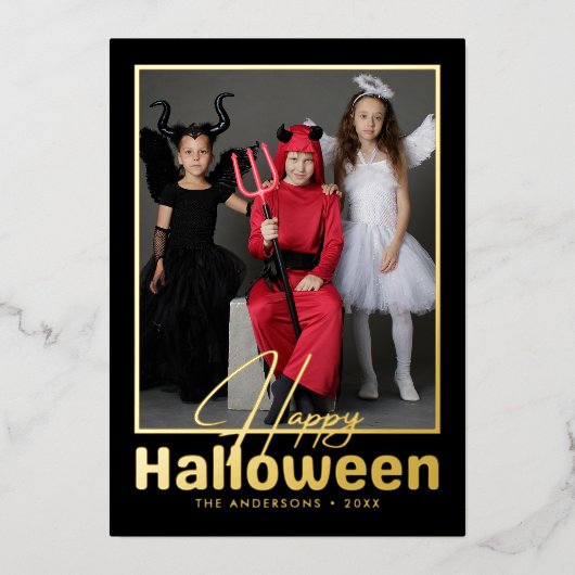 モダンハッピーハローウィンタイポグラフィ写真 箔シーズンカード (正面)