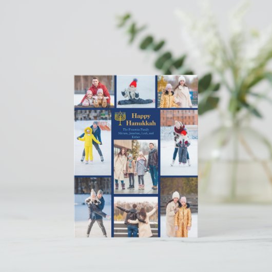 モダンハヌカー家族フォトコラージブルー金ゴールド シーズンポストカード (スタンド正面)