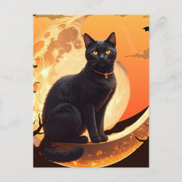 モダンハロウィーンブラックキャット インビテーションポストカード