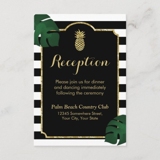 モダンハワイアン ゴールドパイナップル ウェディング レセプション エンクロージャーカード (正面)