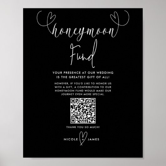 モダンハートの黒と白の結婚式ハネムーンファンド ポスター (正面)