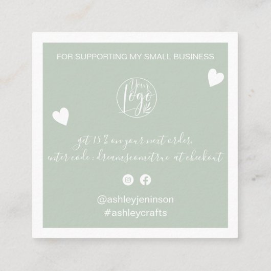 モダンハートは感謝していSage Greenをオーダーする スクエア名刺 (裏面)