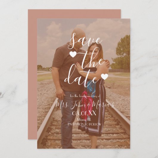 モダンハートスクリプト写真の保存日付 招待状 (正面/裏面)