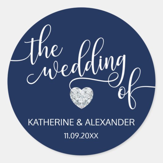 モダンハートネイビーブルー結婚ホワイト ラウンドシール (正面)