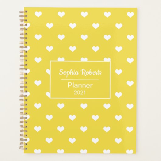 モダンハートパターン黄と白パーソナライズされた プランナー手帳 (正面)