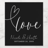 モダンハートブラック&ホワイトミニマルロブ結婚ス ワインラベル (シングルラベル)