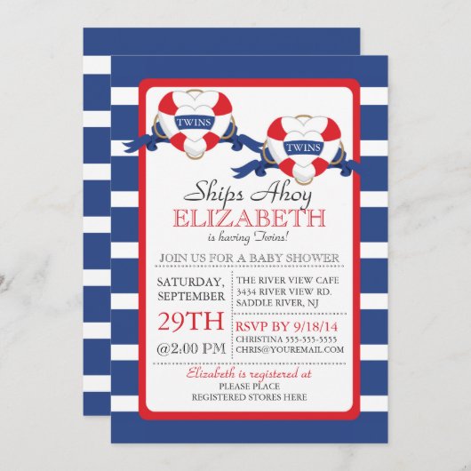 モダンハートブ航海のイ双生児シャワー 招待状 (正面/裏面)