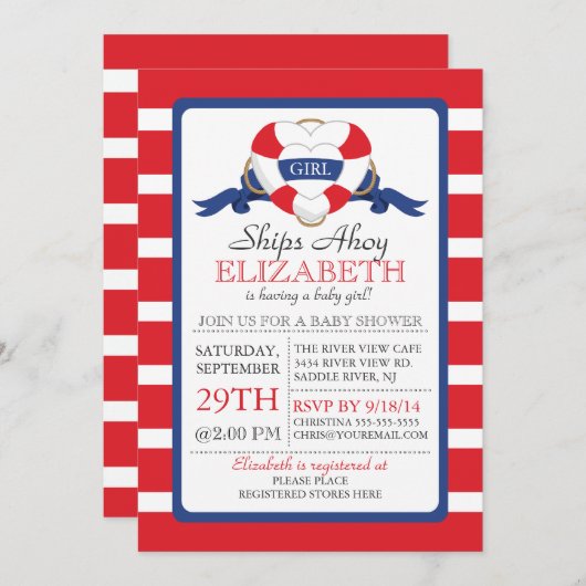 モダンハートブ航海のイ女の子の赤ちゃんシャワー 招待状 (正面/裏面)