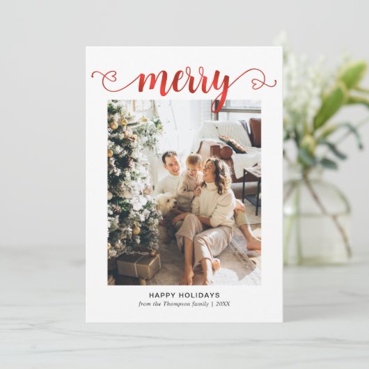 モダンハートレッドメリースクリプト写真クリスマス シーズンカード (スタンド正面)