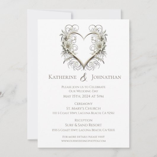 モダンハート付き結婚の花 招待状 (正面)