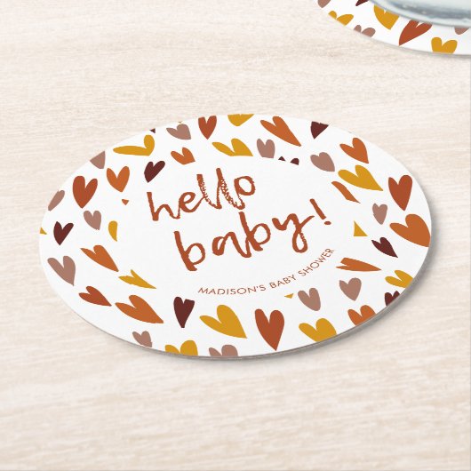 モダンハート男女兼用ベビーシャワーパーティー ラウンドペーパーコースター (アングル)