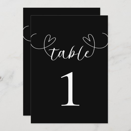 モダンハート白黒のテー結婚ブル番号 招待状 (正面/裏面)