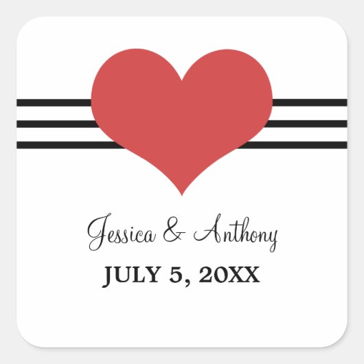 モダンハート結婚式用シール、赤 スクエアシール (正面)