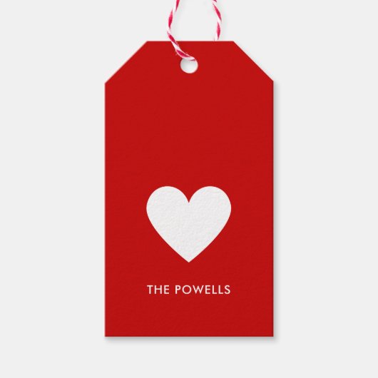 モダンハート赤名門私立校風の白ストライプパーソナライズされた ギフトタグ (正面)