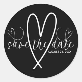 モダンハート黒白ミニマル日付の保存 ラウンドシール