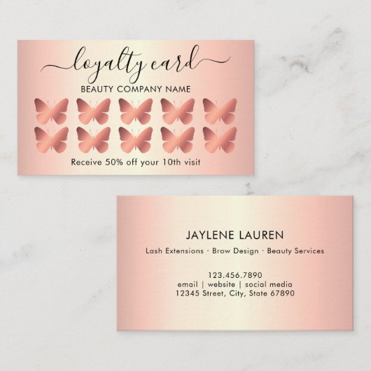 モダンバタフガーリーバラ金ゴールドロイヤリティカード 名刺 (正面/裏面)