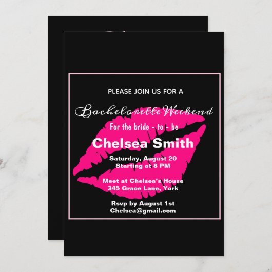 モダンバチェロレッテ週末旅行の日程ブラック 招待状 (正面/裏面)