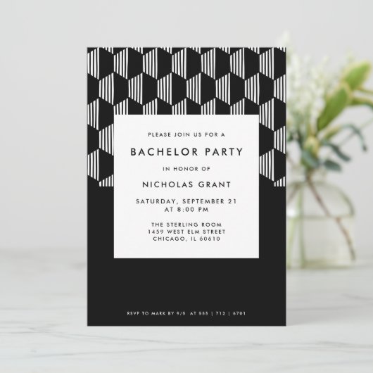 モダンバチュラーパーティミニマル白黒 招待状 (スタンド正面)