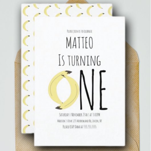 モダンバナナファースト誕生日ワンパターン 招待状