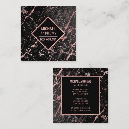 モダンバラお洒落ゴールドフォイルブラックマーブルストーン スクエア名刺 (正面/裏面)