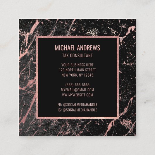 モダンバラお洒落ゴールドフォイルブラックマーブルストーン スクエア名刺 (裏面)