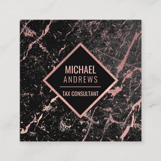 モダンバラお洒落ゴールドフォイルブラックマーブルストーン スクエア名刺 (正面)