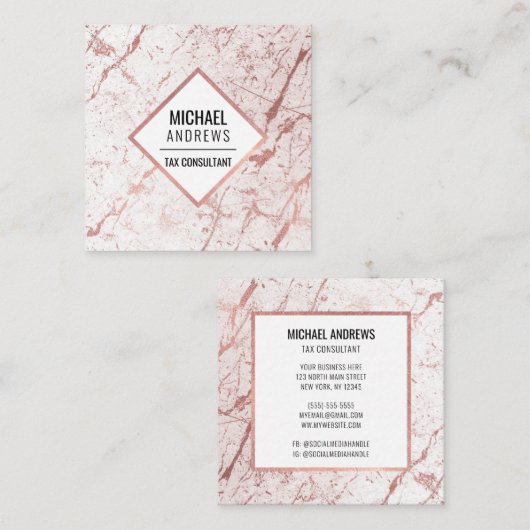 モダンバラお洒落ゴールドフォイルホワイトマーブルストーン スクエア名刺 (正面/裏面)