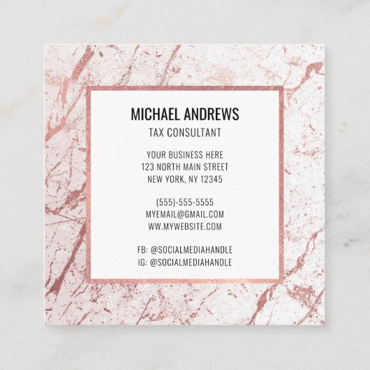 モダンバラお洒落ゴールドフォイルホワイトマーブルストーン スクエア名刺 (裏面)