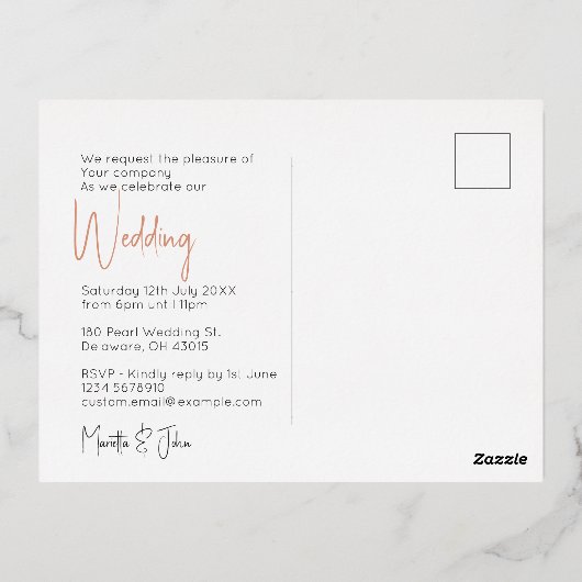 モダンバラカスタム金ゴールド写真結婚式招待状 箔シーズンポストカード (裏面)