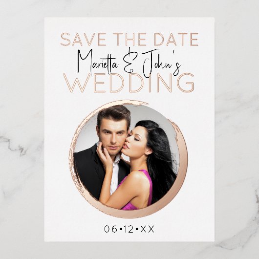 モダンバラカスタム金ゴールド写真結婚式招待状 箔シーズンポストカード (正面)