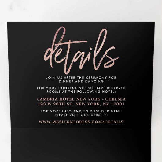 モダンバラゴールドフォイル結婚スクリプトスイート 三つ折り招待状 (内部最初)